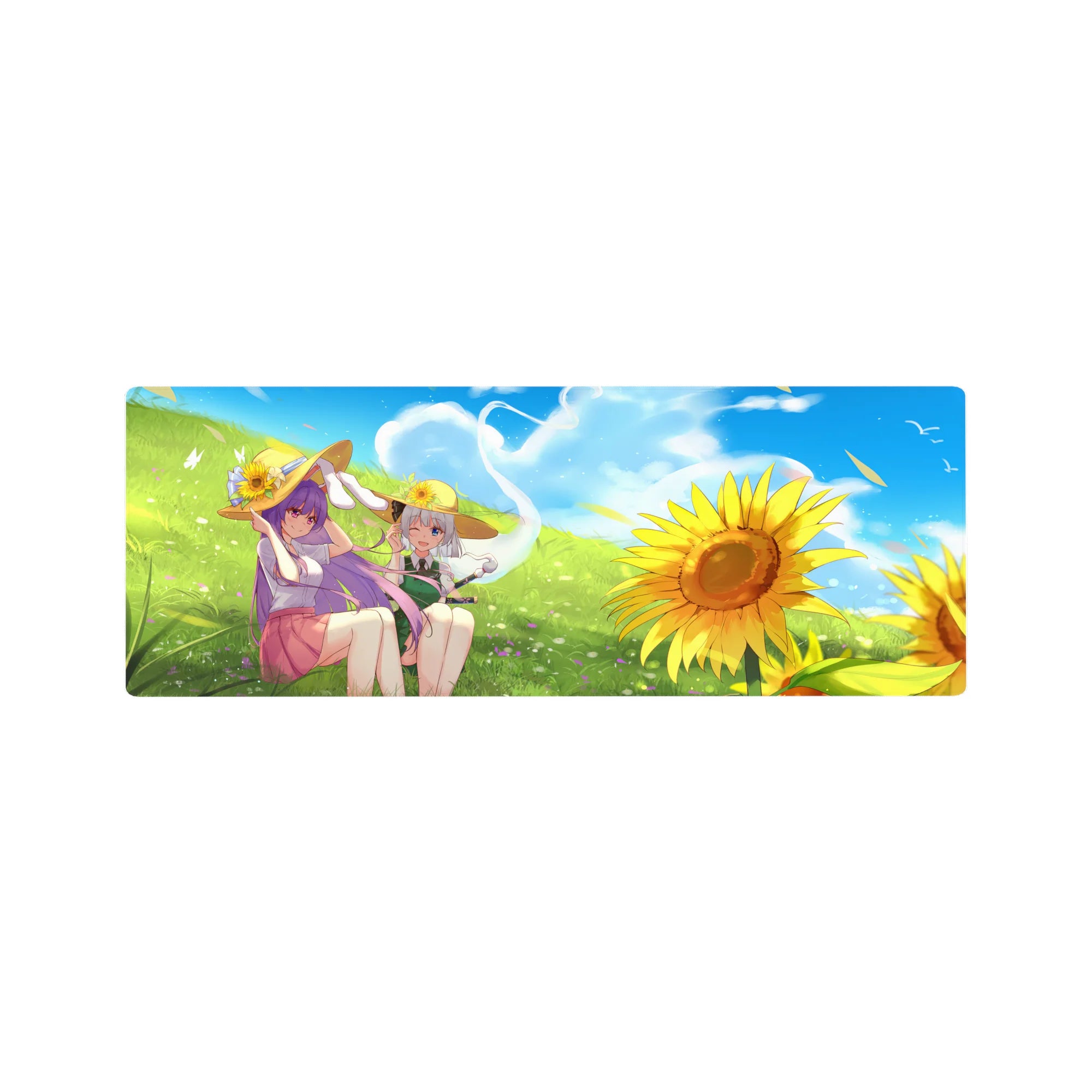 32x12 inches anime girl mouse pad with meadow lounge scene, straw hats, drifting petals, crisp print.