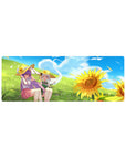 32x12 inches anime girl mouse pad with meadow lounge scene, straw hats, drifting petals, crisp print.