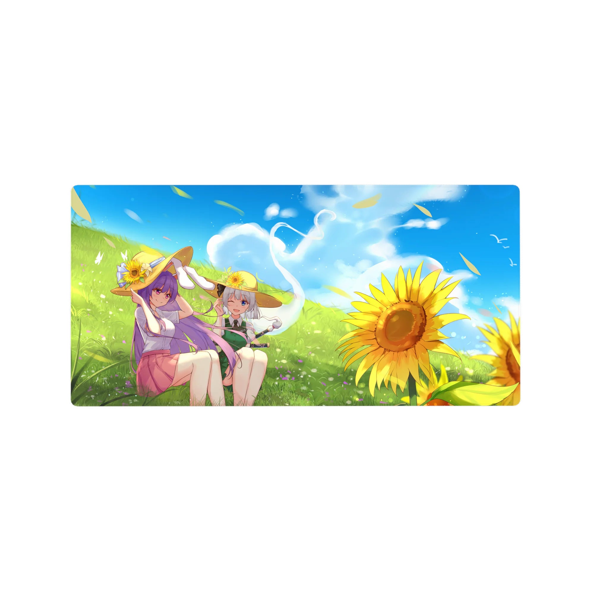32x16 inches anime girl mouse pad with sunny meadow scene, straw hats, petals, and crisp Touhou-style art.