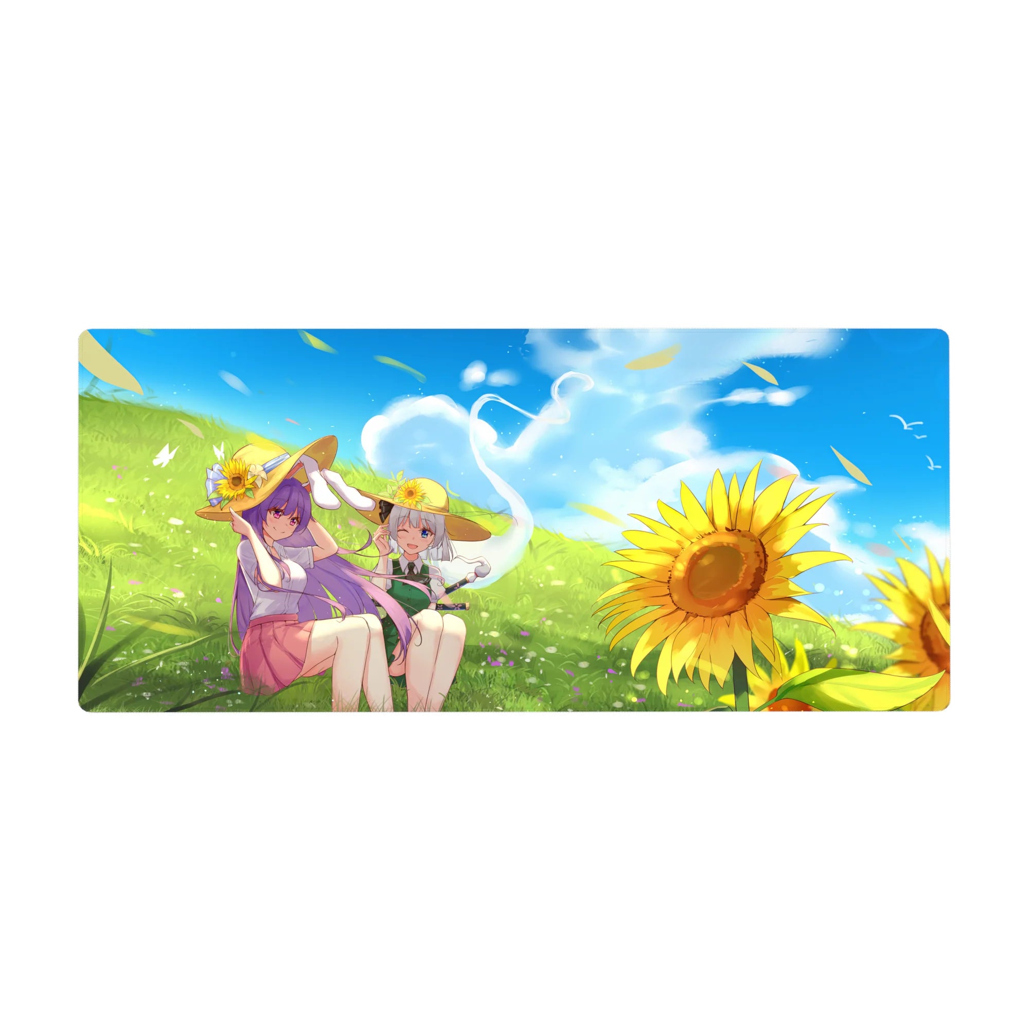 Anime girl desk pad 36x16 inches with straw-hat lounge scene in a sunny meadow, crisp print.