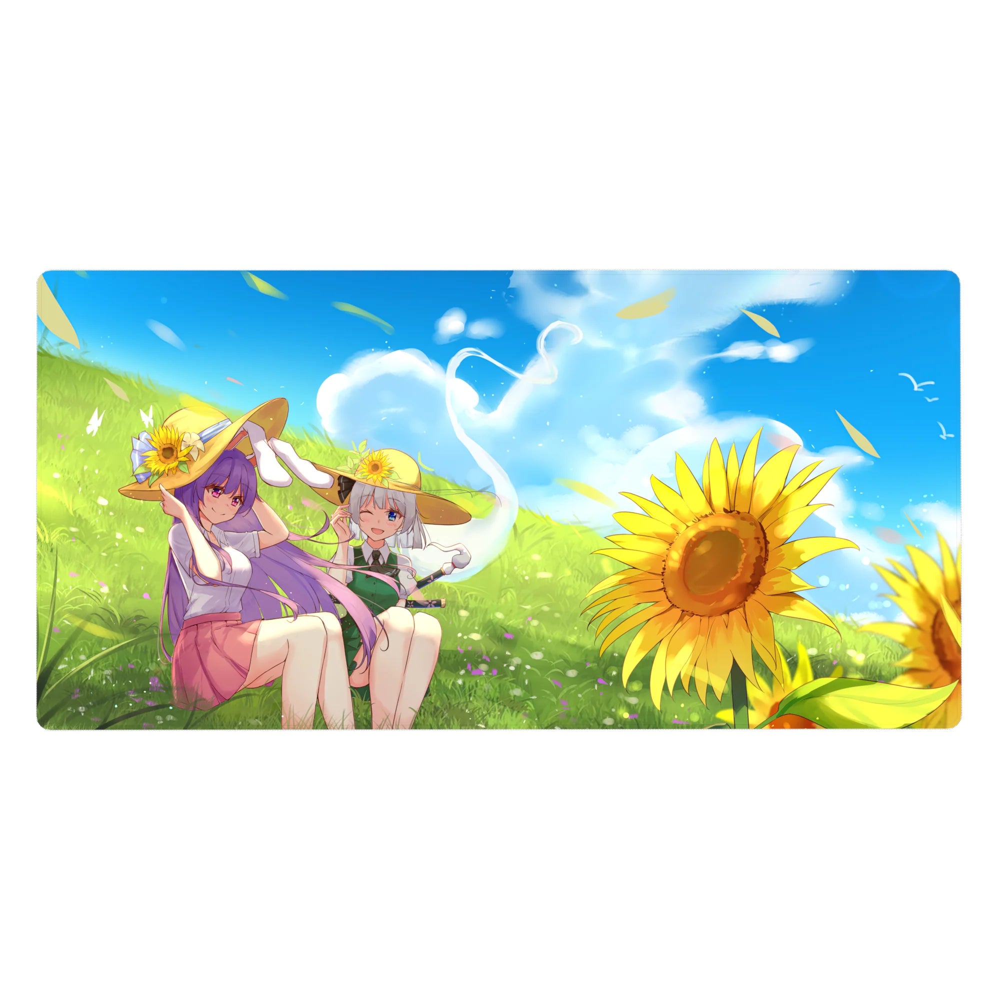 Anime girl desk pad 40x20 inches with meadow lounge scene, straw hats, drifting petals, crisp print.