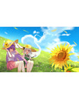 Anime girl desk pad 40x20 inches with meadow lounge scene, straw hats, drifting petals, crisp print.