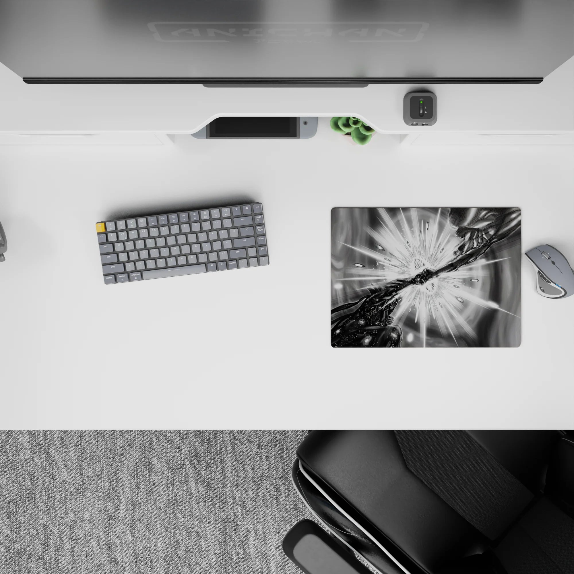 Grayscale anime mouse pad 14x10 inches with smoky vortex swirls, high-contrast shadows, intense action mood.