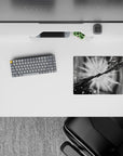 Grayscale anime mouse pad 14x10 inches with smoky vortex swirls, high-contrast shadows, intense action mood.
