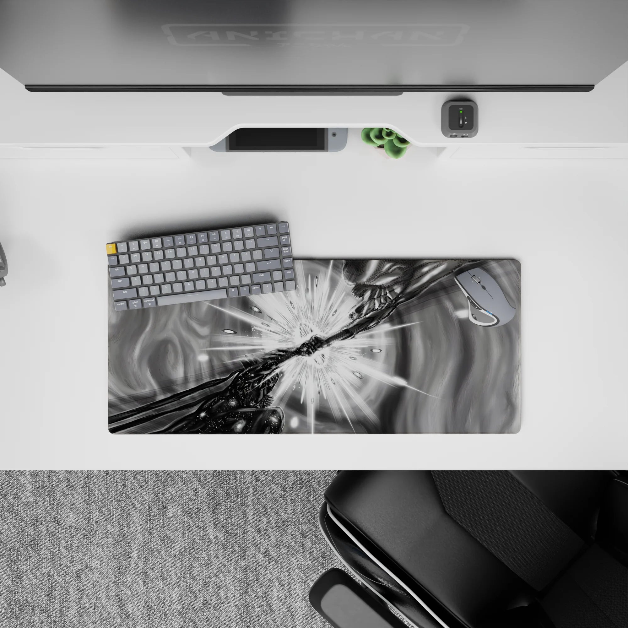 28x12 inches anime mouse pad in smoky grayscale with deep shadows, high contrast, and vortex motion.