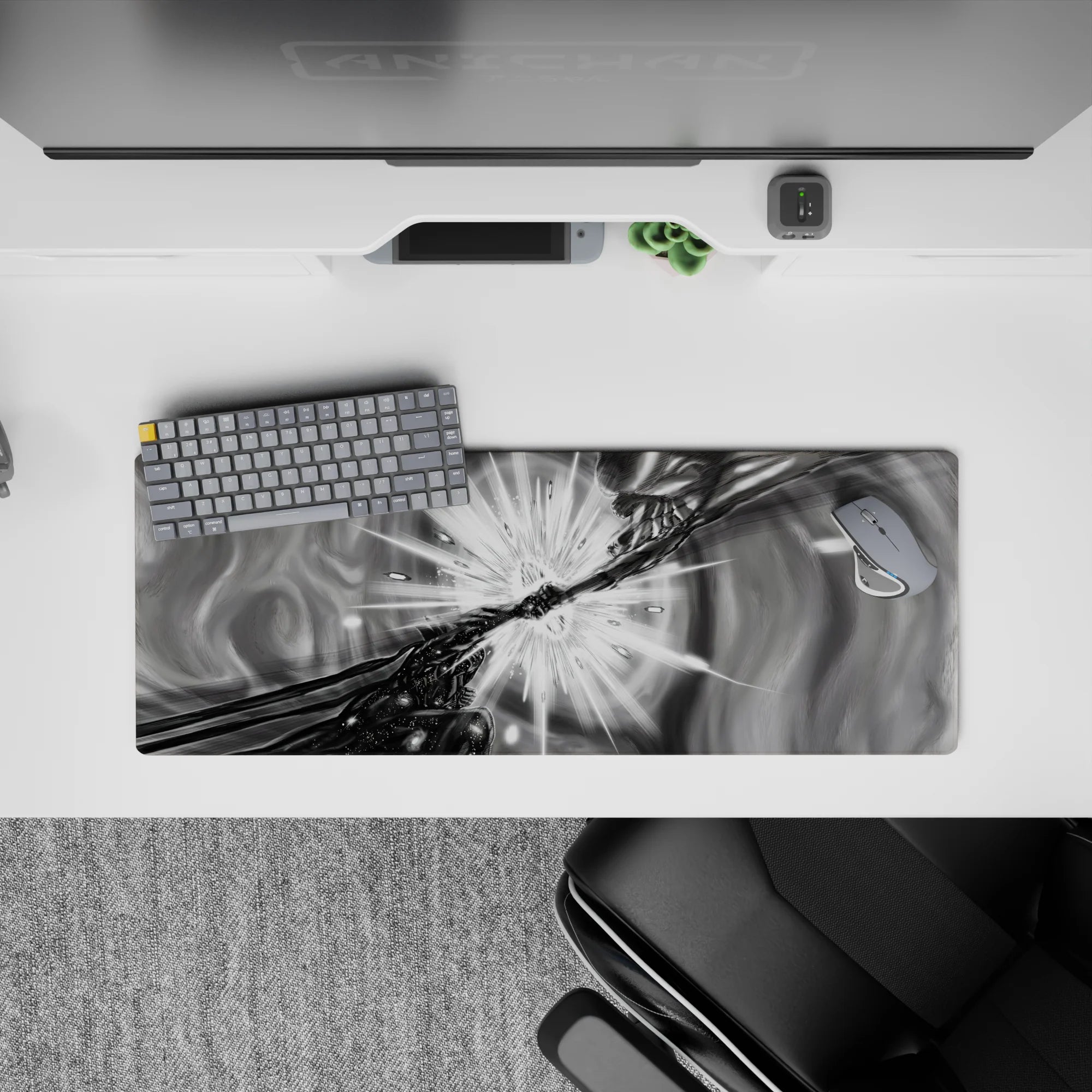 32x12 inches anime mouse pad in smoky grayscale, high-contrast shadows, intense vortex motion.