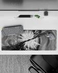 32x12 inches anime mouse pad in smoky grayscale, high-contrast shadows, intense vortex motion.
