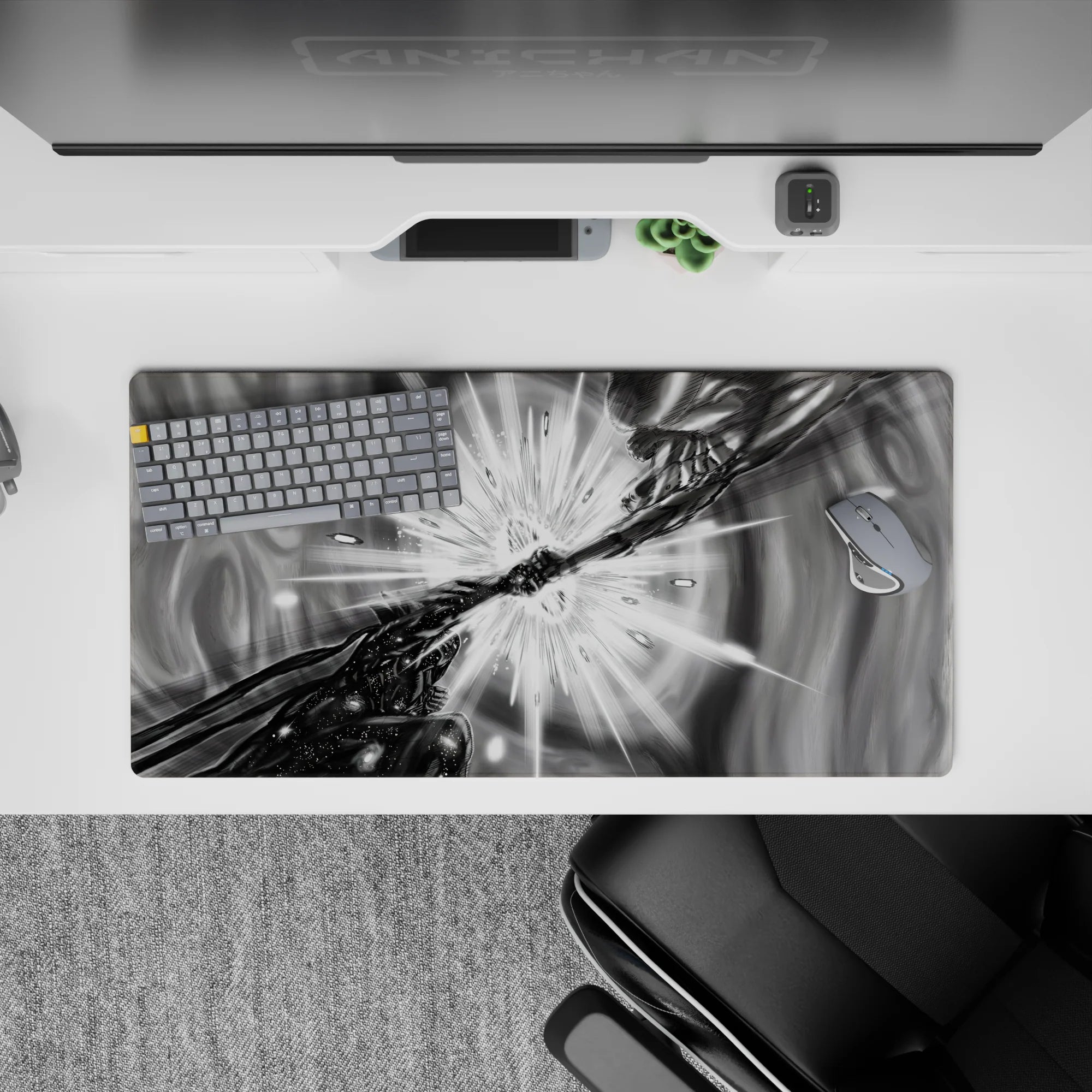 32x16 inches anime mouse pad in smoky grayscale vortex, high-contrast shadows, intense late-night vibe.