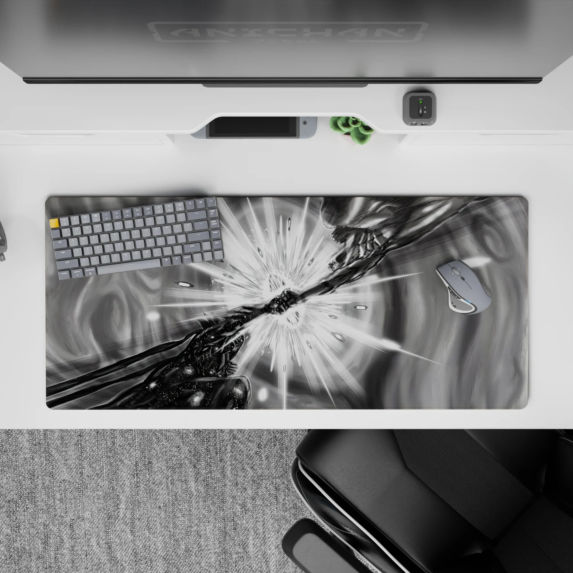High-contrast grayscale anime desk pad 36x16 inches, smoky vortex swirls and sharp impact energy.