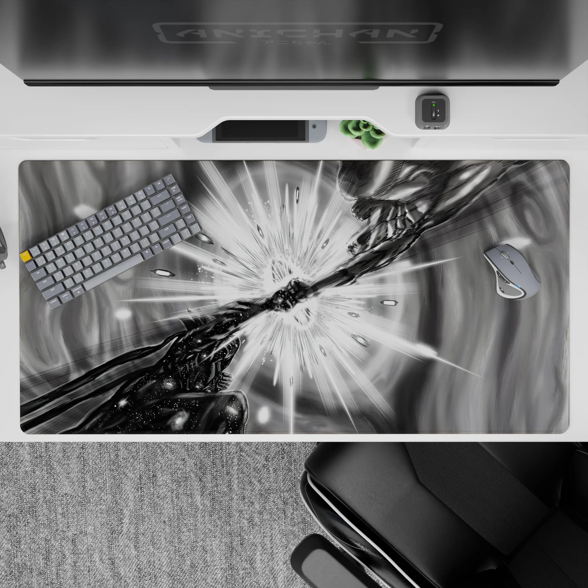 40x20 inches anime desk pad in smoky grayscale with deep shadows, high contrast, and intense late-night energy.