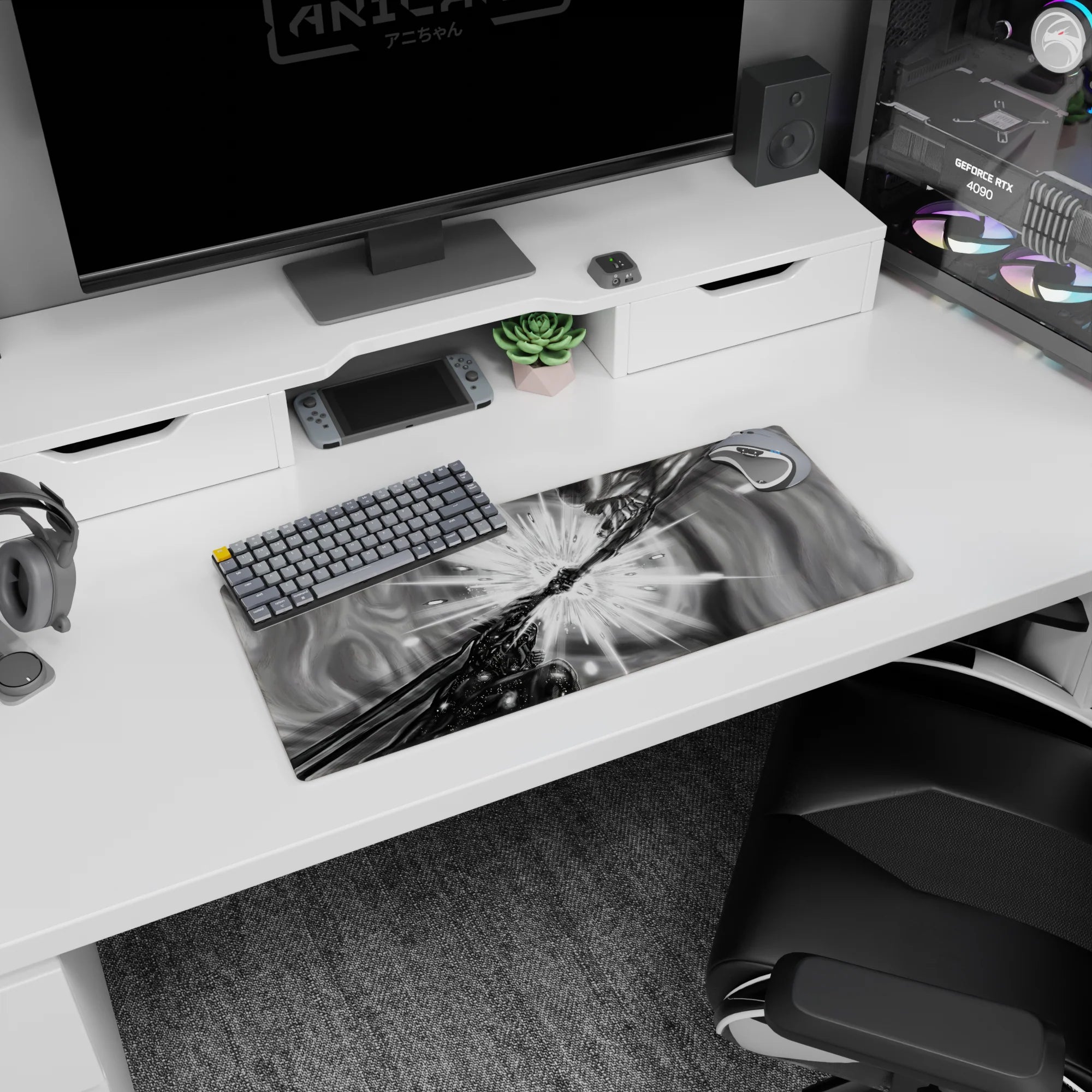 28x12 inches anime mouse pad showing shadowed fighter and rival hands colliding in a frozen ink strike.