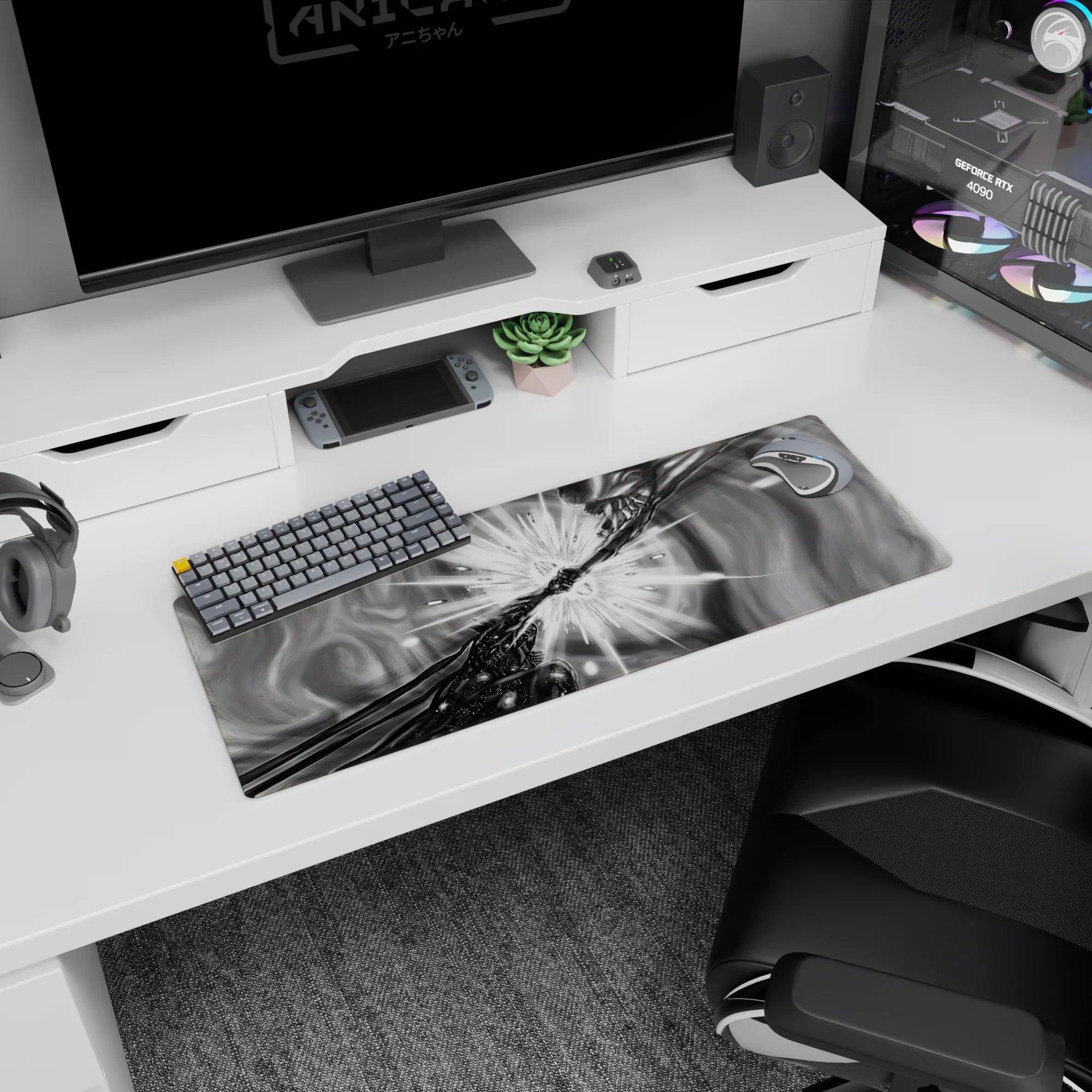 32x12 inches anime mouse pad showing a shadowed fighter clashing hands at center, impact burst.