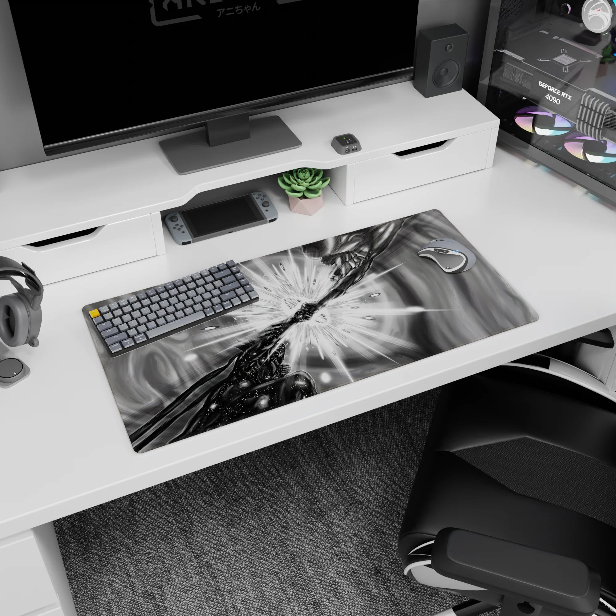 32x16 inches anime mouse pad showing shadowed fighter and rival hands colliding in a frozen impact burst.
