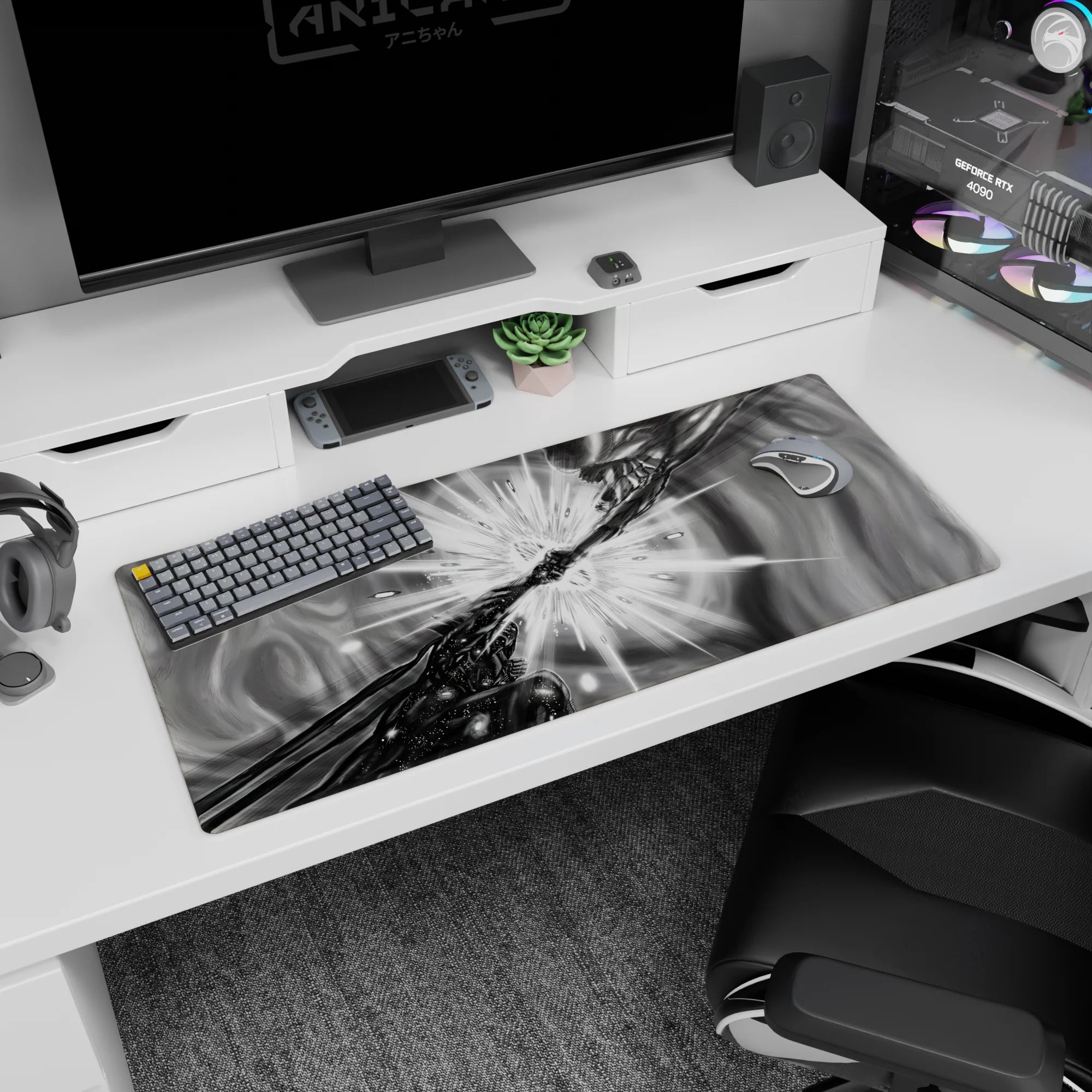 36x16 inches anime desk pad showing a shadowed fighter and rival hands colliding, shards flying at center.