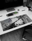 36x16 inches anime desk pad showing a shadowed fighter and rival hands colliding, shards flying at center.