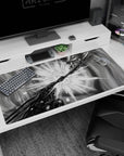 40x20 inches anime desk pad showing two fighters colliding hands at center, inked impact burst and vortex smoke.