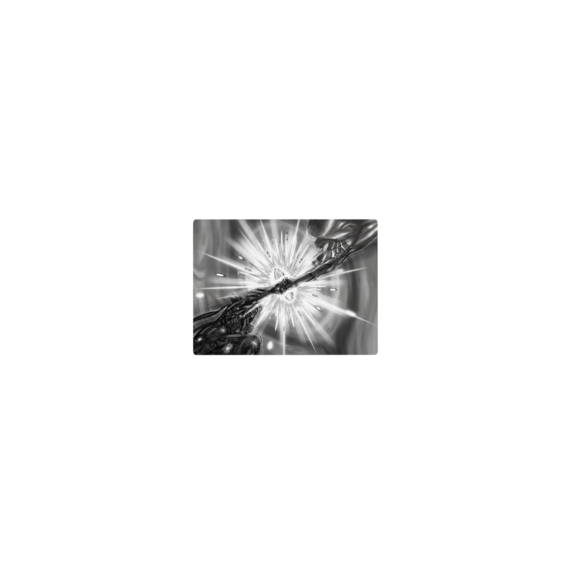 Classic anime mouse pad 14x10 inches with colliding hands, impact starburst, shards, and speed lines.