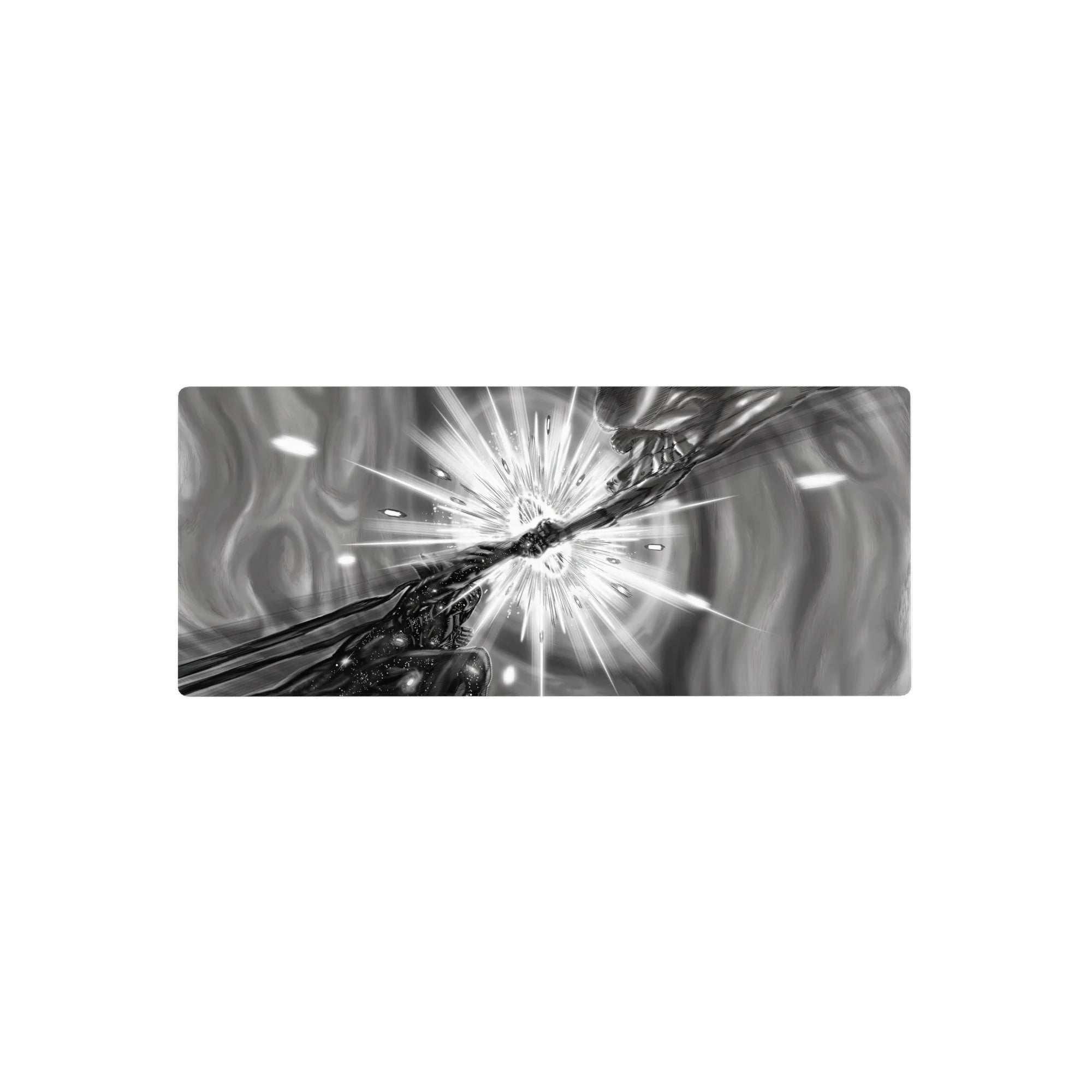 28x12 inches anime mouse pad with two hands clashing, starburst impact, shards, and speed lines.