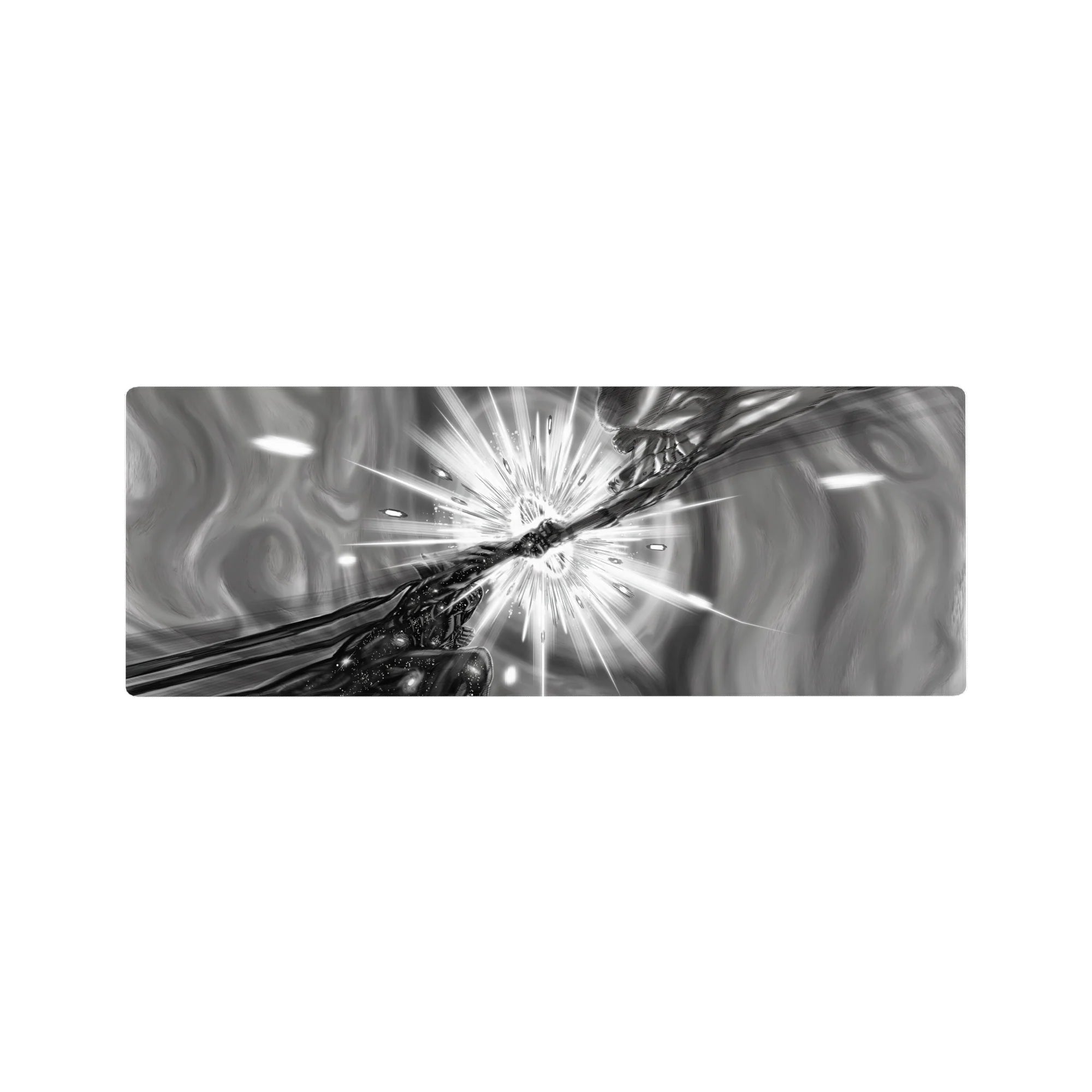 32x12 inches anime mouse pad with two hands colliding in a starburst, shards and speed lines.