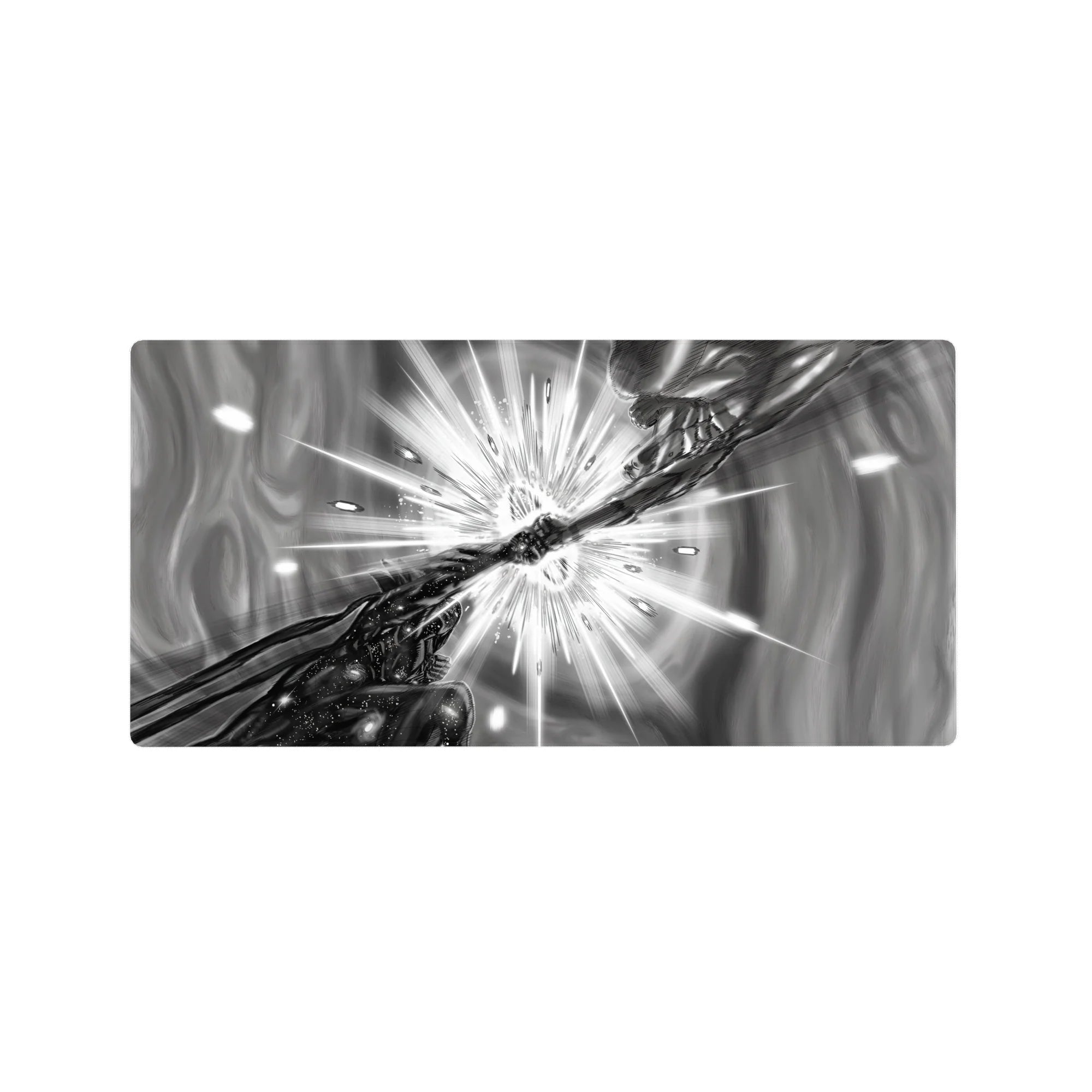 32x16 inches anime mouse pad with two hands clashing, impact starburst, shards, and speed lines.