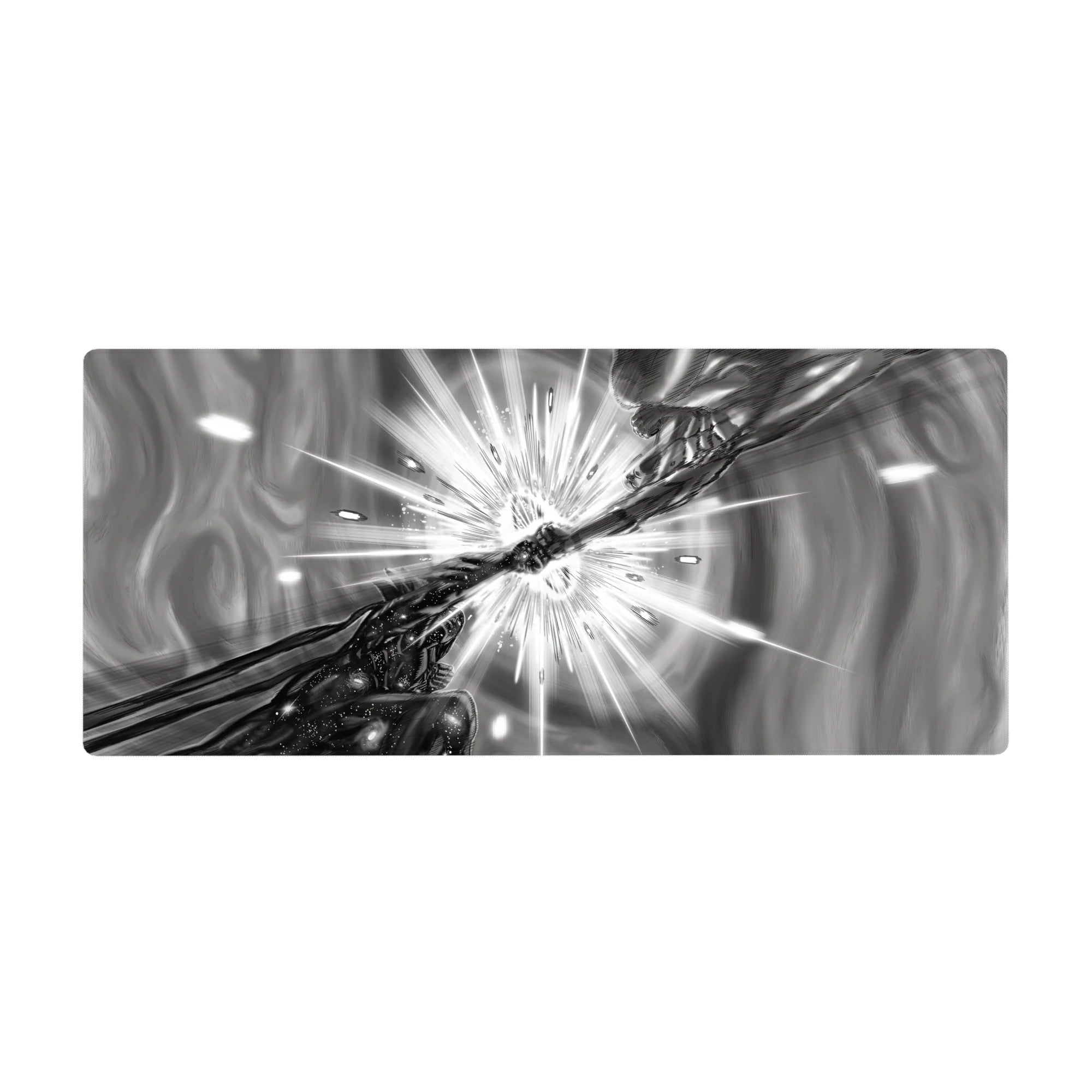Anime desk pad 36x16 inches with two hands clashing in a starburst, speed lines and swirling ink smoke.