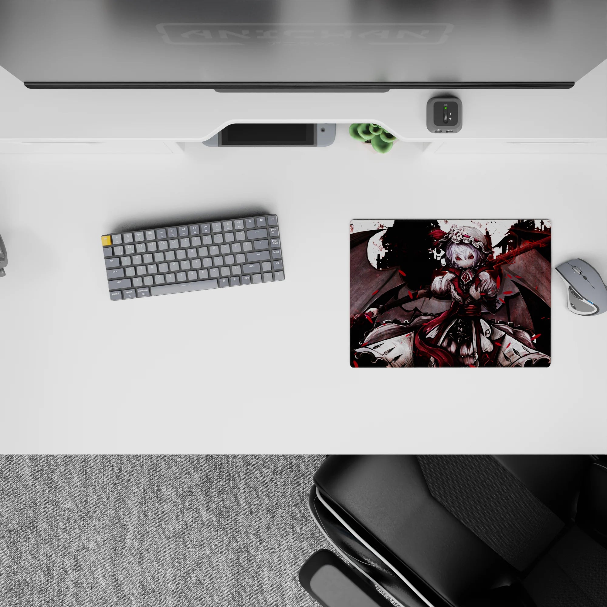 Crimson ribbons, white lace, and red petals on a dark moody anime mouse pad, 14x10 inches.