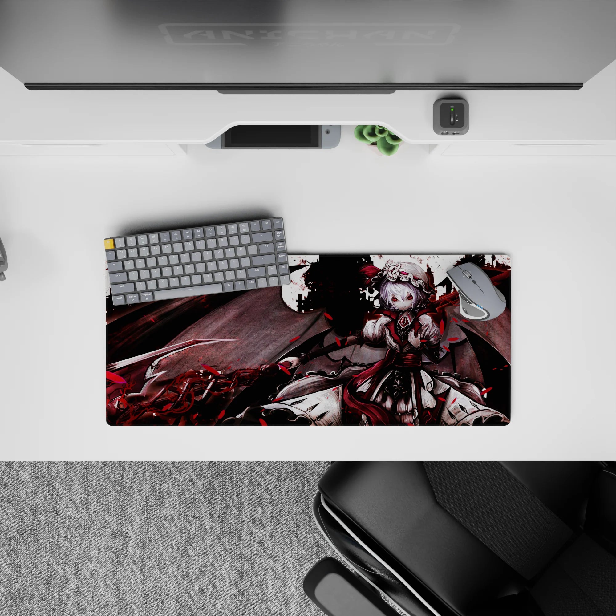Dark cute vampire vibe anime desk mat 28x12 inches, smoky backdrop with red petals and gothic romance.