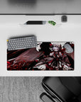 Dark cute vampire vibe anime desk mat 28x12 inches, smoky backdrop with red petals and gothic romance.