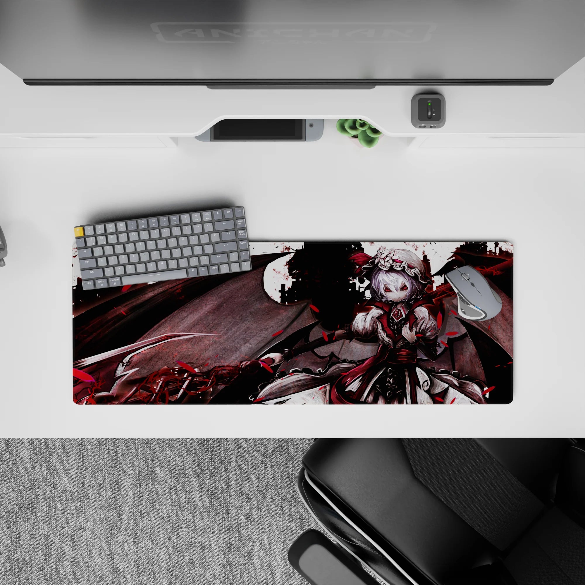 Dark crimson and black anime desk mat 32x12 inches with red petals, lace, and gothic romance mood.