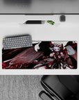 Dark crimson and black anime desk mat 32x12 inches with red petals, lace, and gothic romance mood.