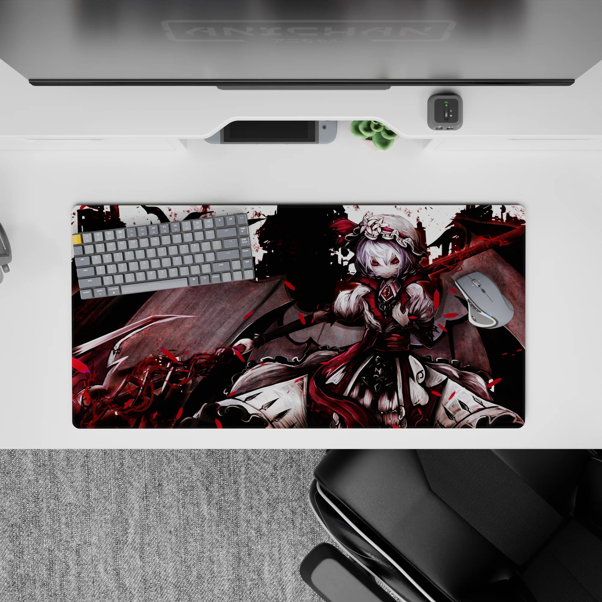 Dark crimson and white lace anime girl mouse pad 32x16 inches with red petals and moody glow.