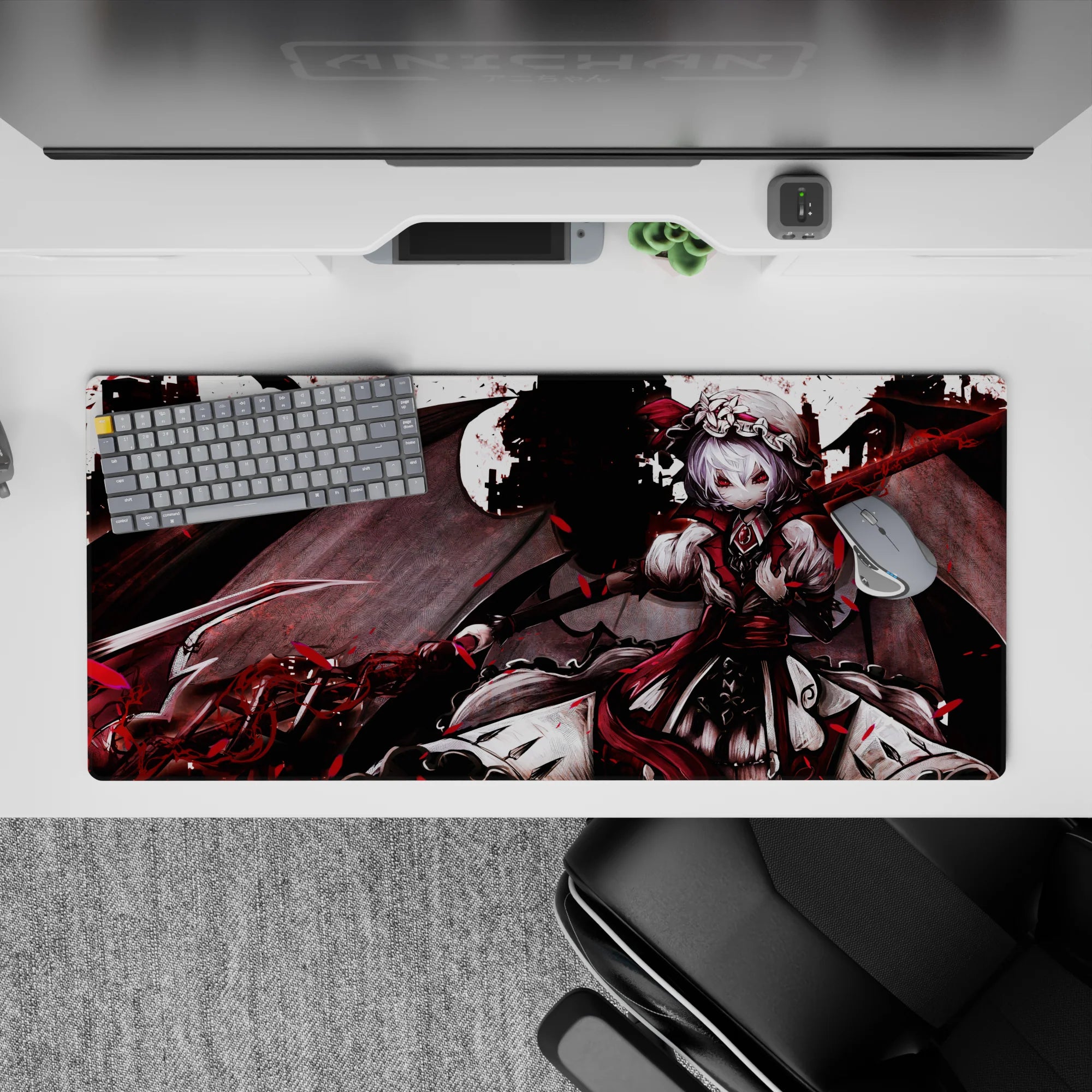 Dark crimson and black anime desk pad 36x16 inches, smoky castle vibe with romantic gothic mood.