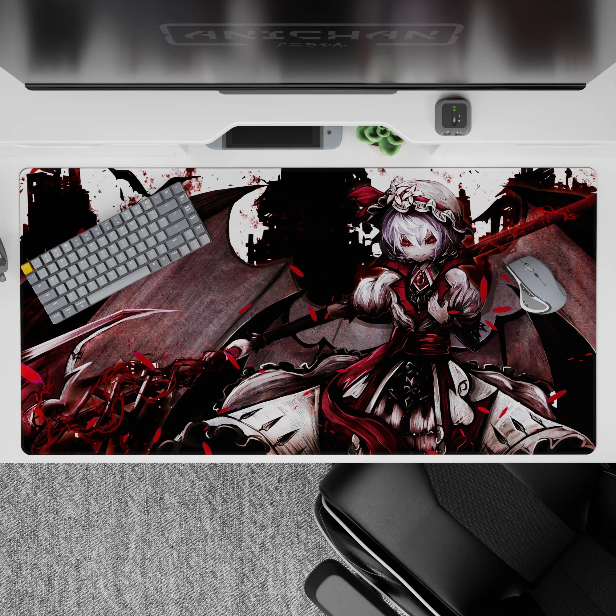 Dark crimson and white lace anime desk pad 40x20 inches, moody gothic romance over smoky skyline.