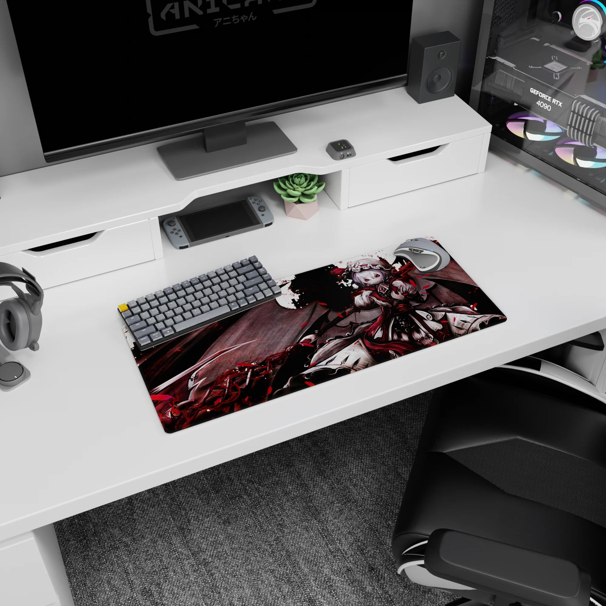 Remilia Scarlet Touhou Project mouse pad 28x12 inches, wings spread over a misty castle with scythe glow.