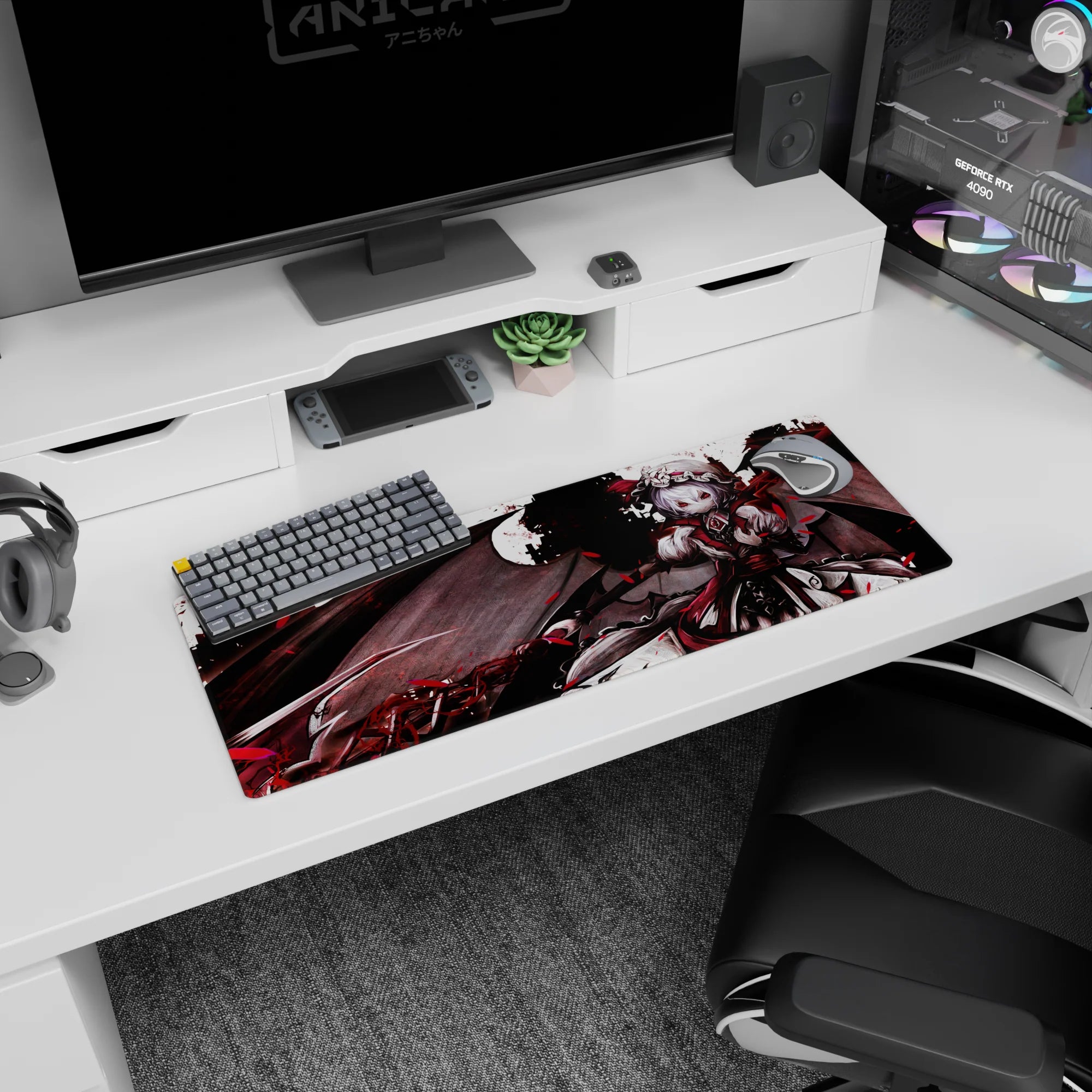 Remilia Scarlet Touhou Project mouse pad 32x12 inches, wings spread with ribbons and scythe glow.
