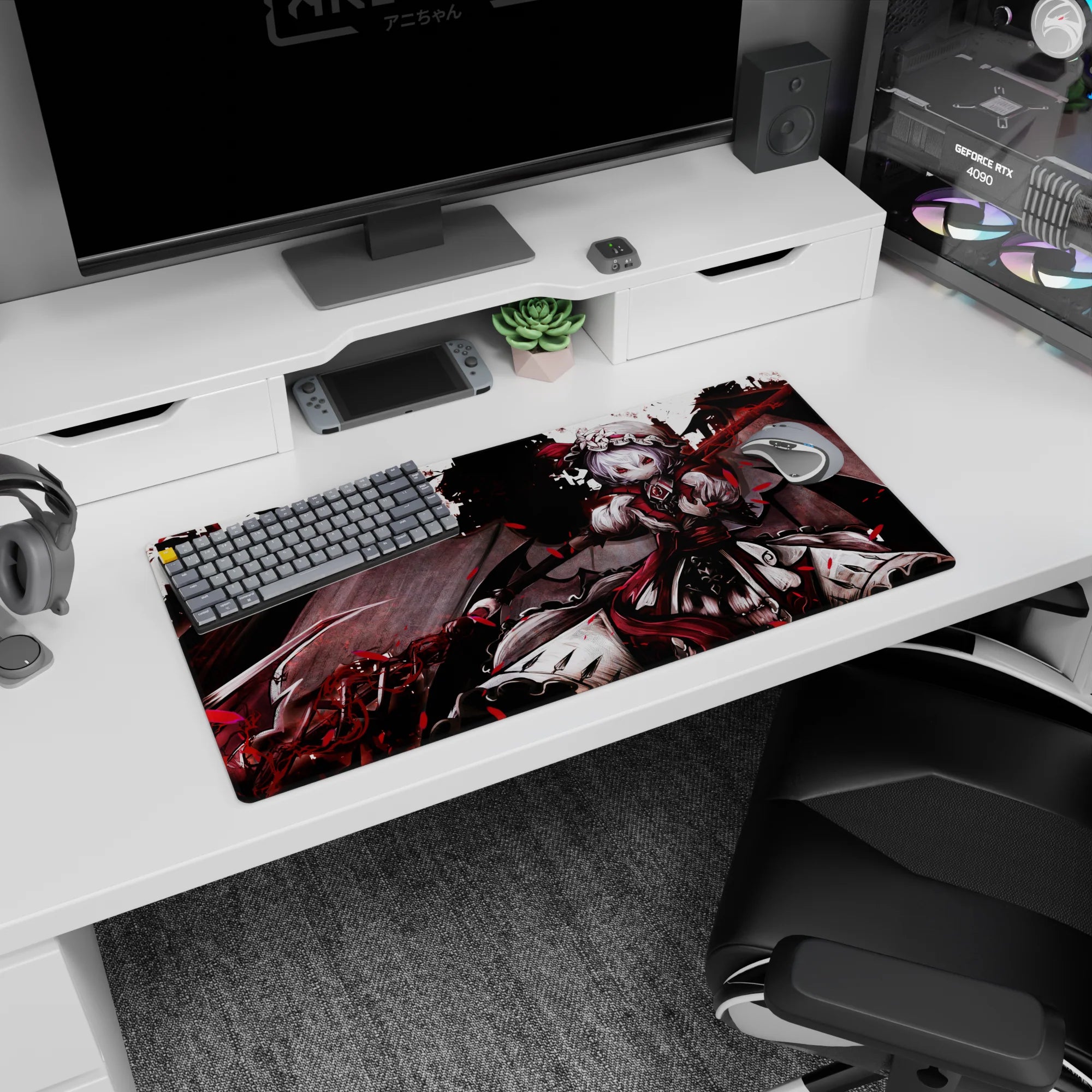 Remilia Scarlet Touhou Project mouse pad 32x16 inches, wings spread with ribbons and scythe glow.