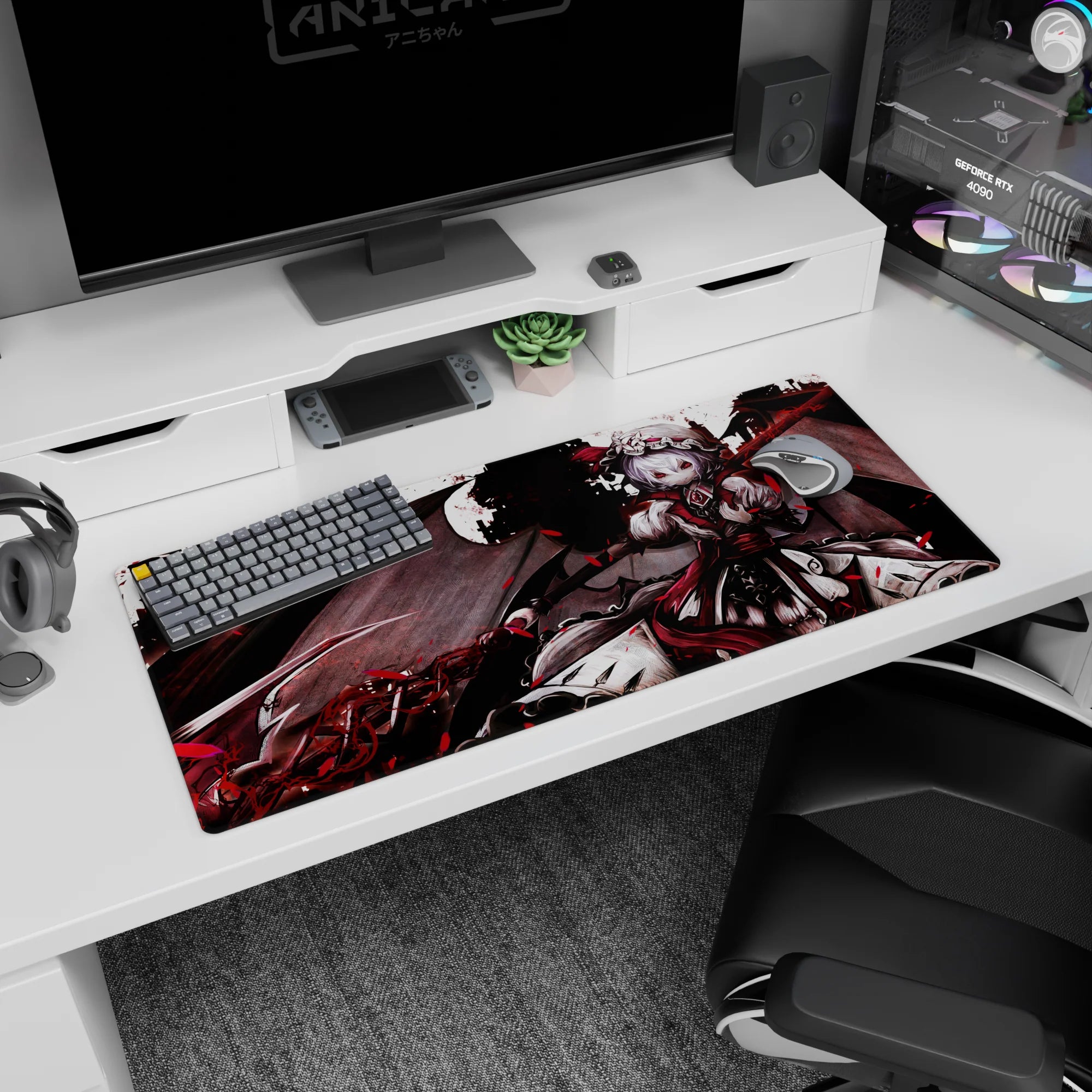 Remilia Scarlet Touhou Project desk pad 36x16 inches, winged vampire over misty castle with scythe glow.