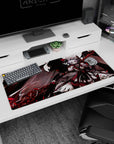 Remilia Scarlet Touhou Project desk pad 36x16 inches, winged vampire over misty castle with scythe glow.
