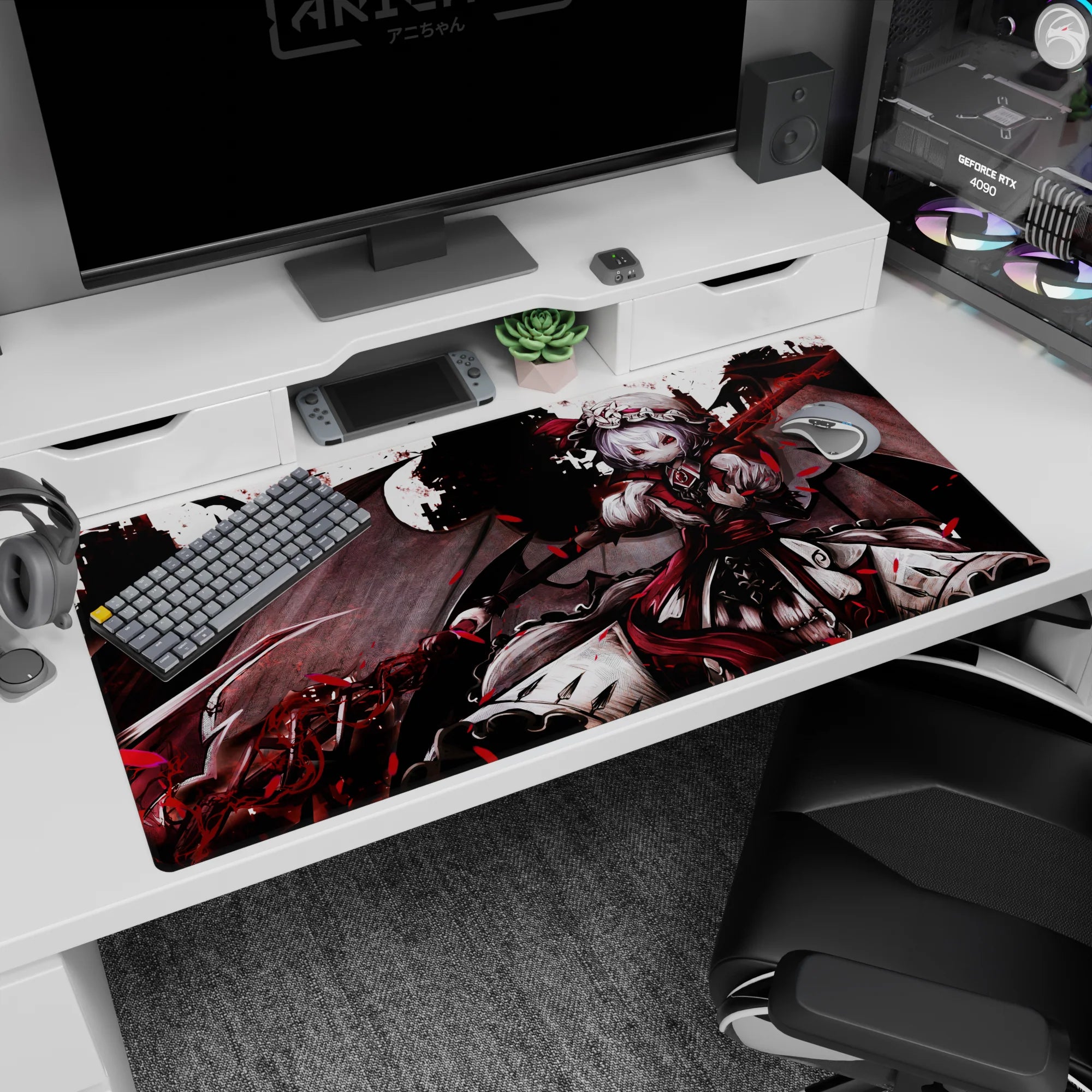 Remilia Scarlet Touhou Project desk pad 40x20 inches, winged vampire over a smoky castle, scythe glow.