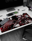 Remilia Scarlet Touhou Project desk pad 40x20 inches, winged vampire over a smoky castle, scythe glow.