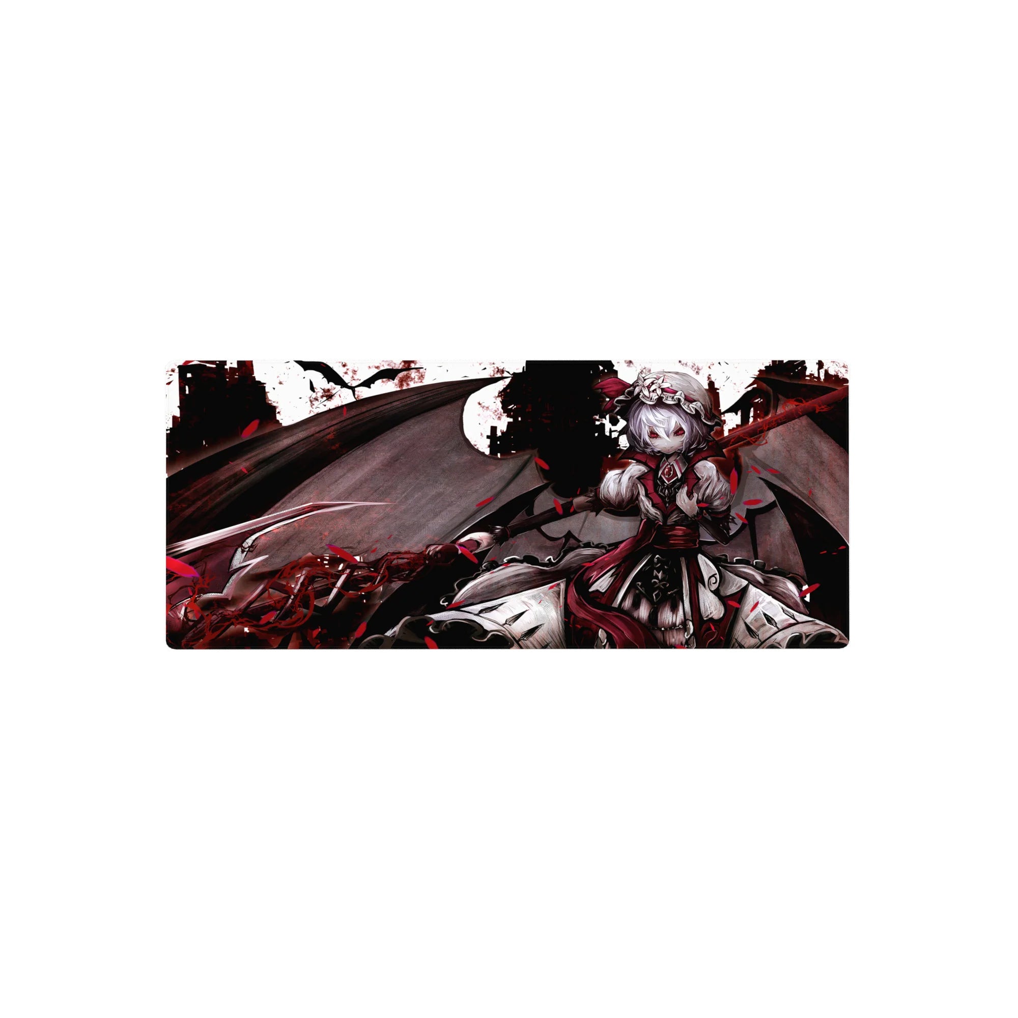 Gothic anime girl mouse pad 28x12 inches with wings, crimson ribbons, lace, and castle skyline.