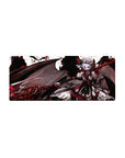 Gothic anime girl mouse pad 28x12 inches with wings, crimson ribbons, lace, and castle skyline.