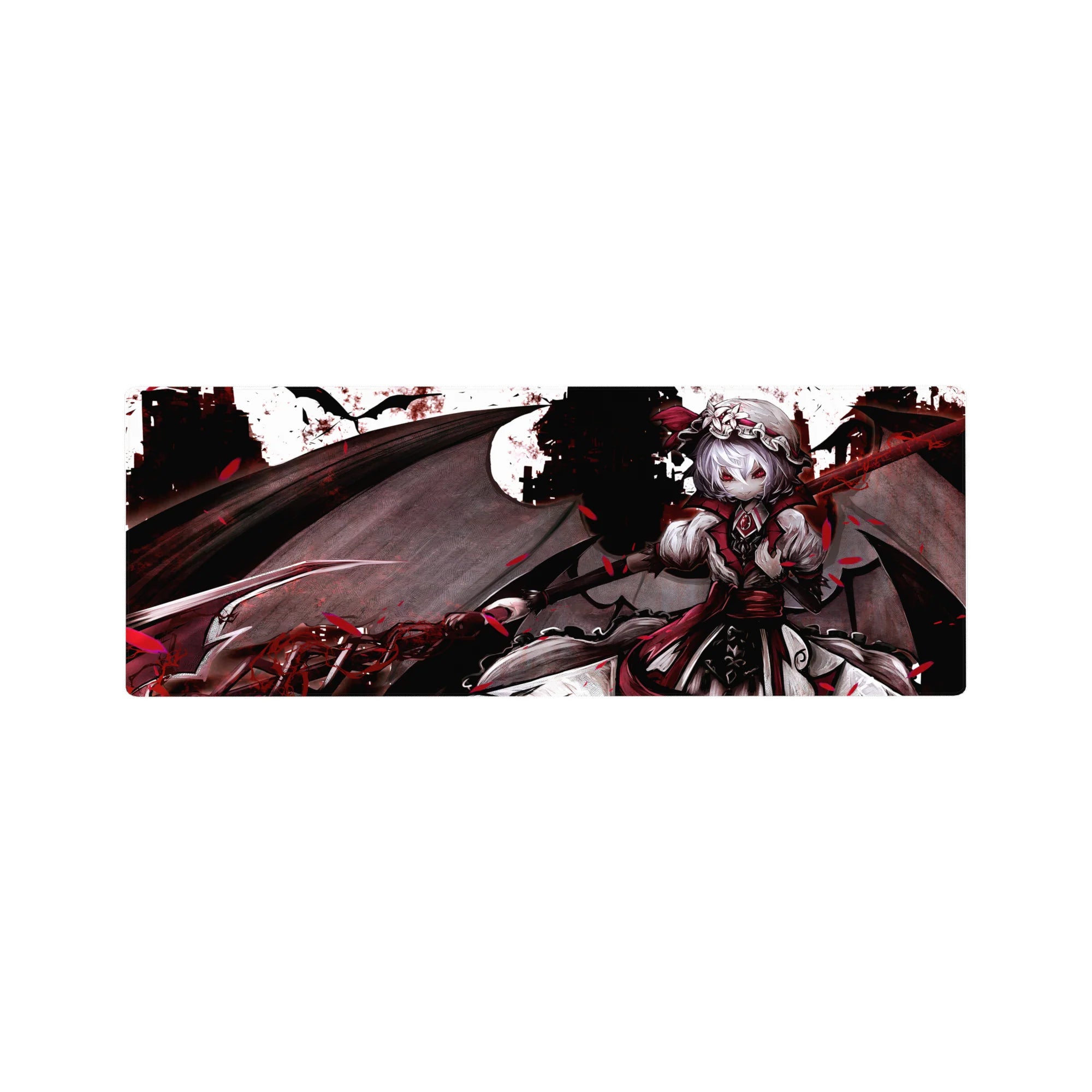 Gothic anime girl mouse pad 32x12 inches with winged vampire over a smoky castle skyline.