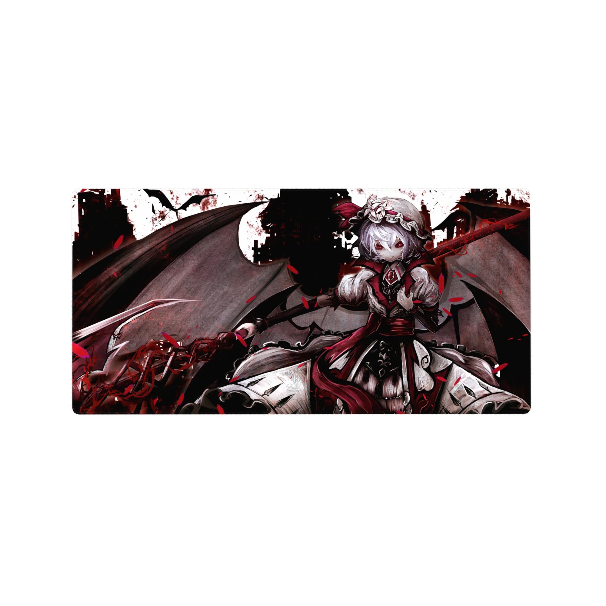 Gothic anime girl mouse pad 32x16 inches with winged vampire over a smoky castle skyline.