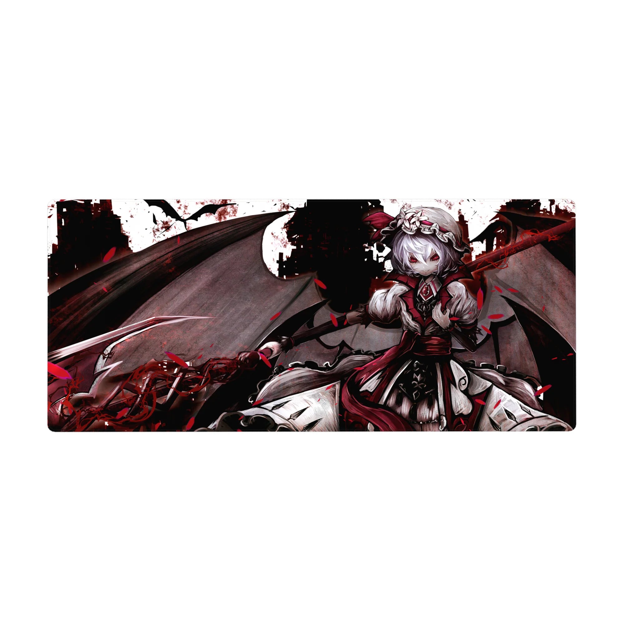 Gothic anime girl desk pad 36x16 inches with wings, lace ribbons, castle skyline and red petals.