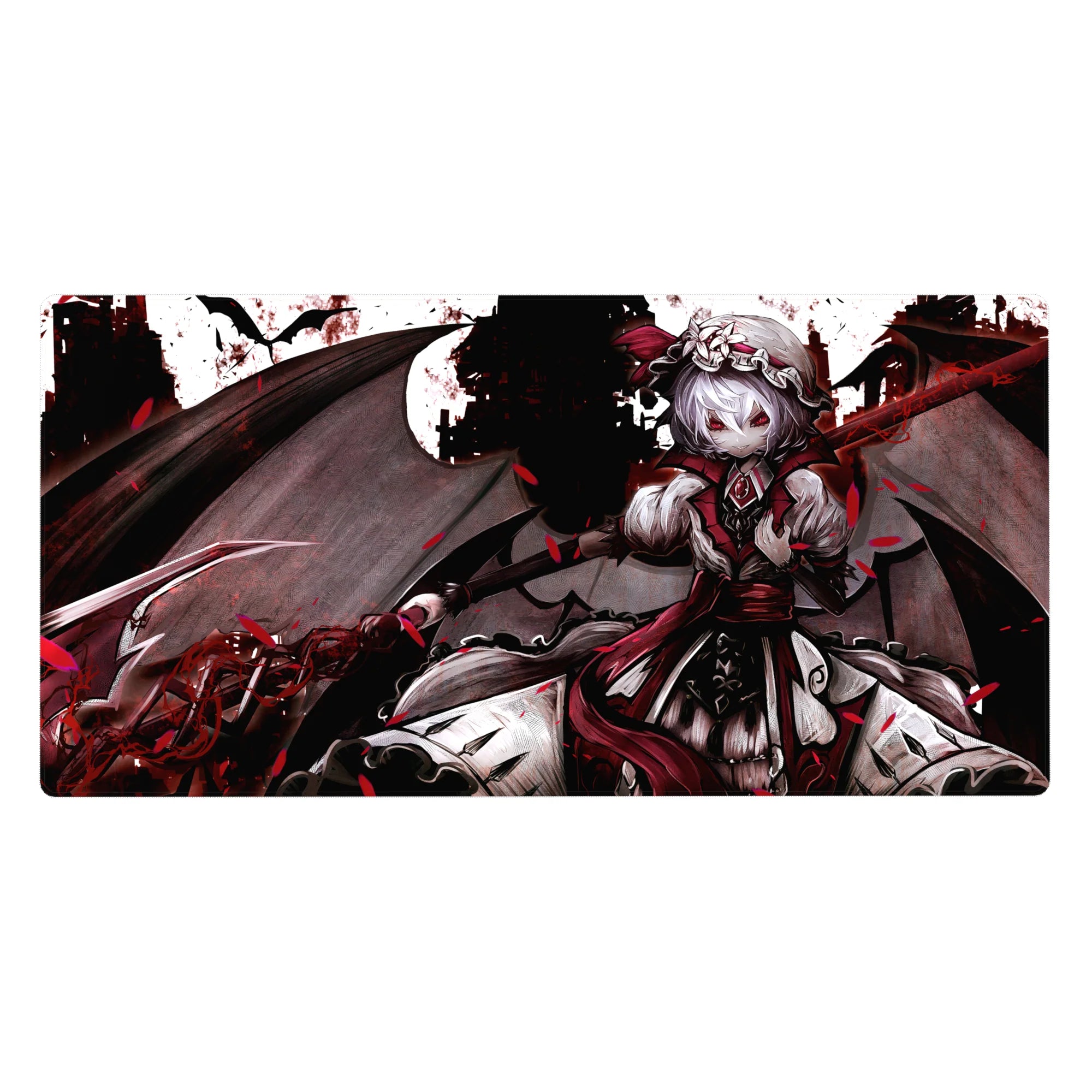 Gothic anime girl desk pad 40x20 inches with wings, castle skyline, ribbons, lace, and red petals.