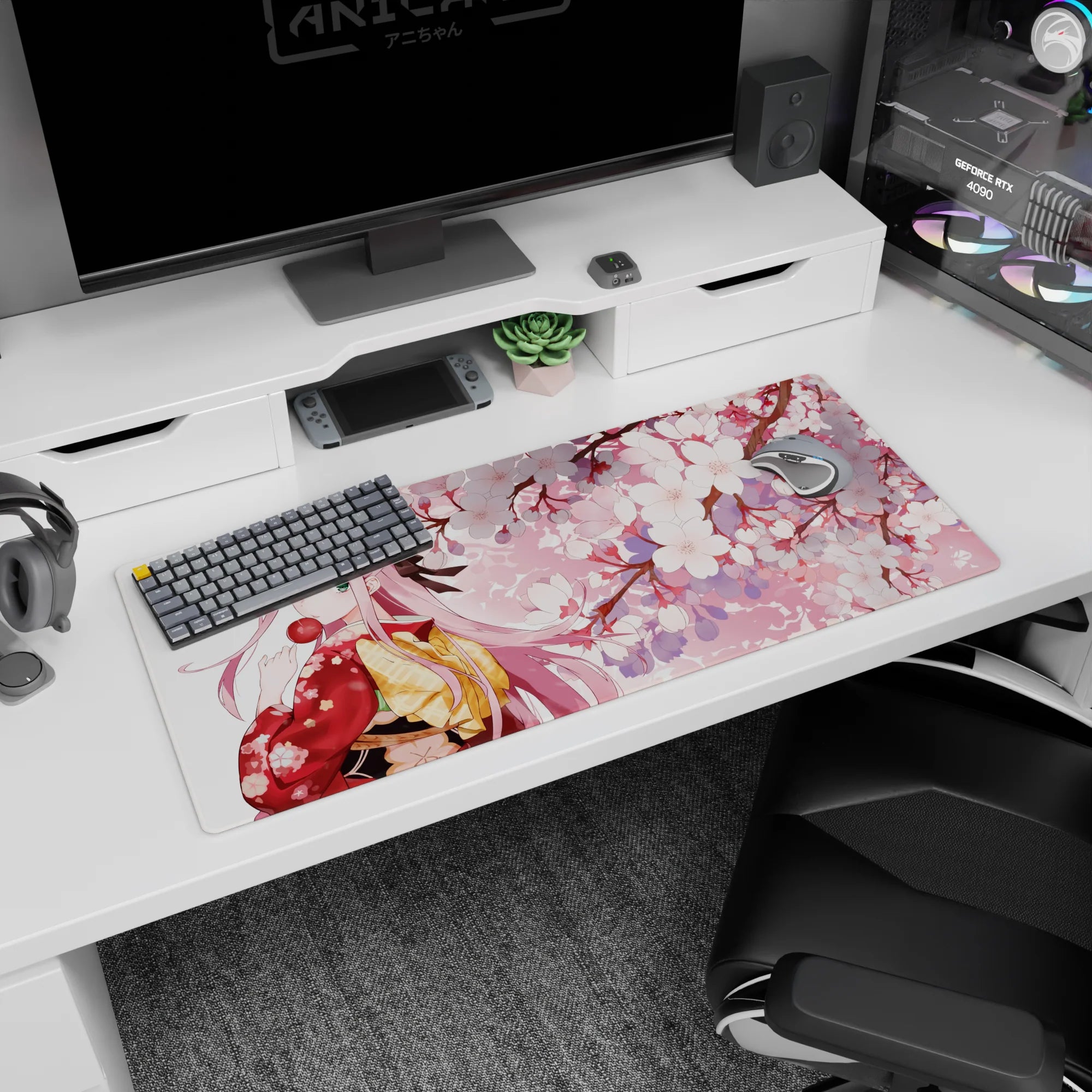 Artistic 36x16 inches desk pad with Zero Two from Darling in the Franxx, blending her elegance in a kimono with the serene beauty of cherry blossoms.