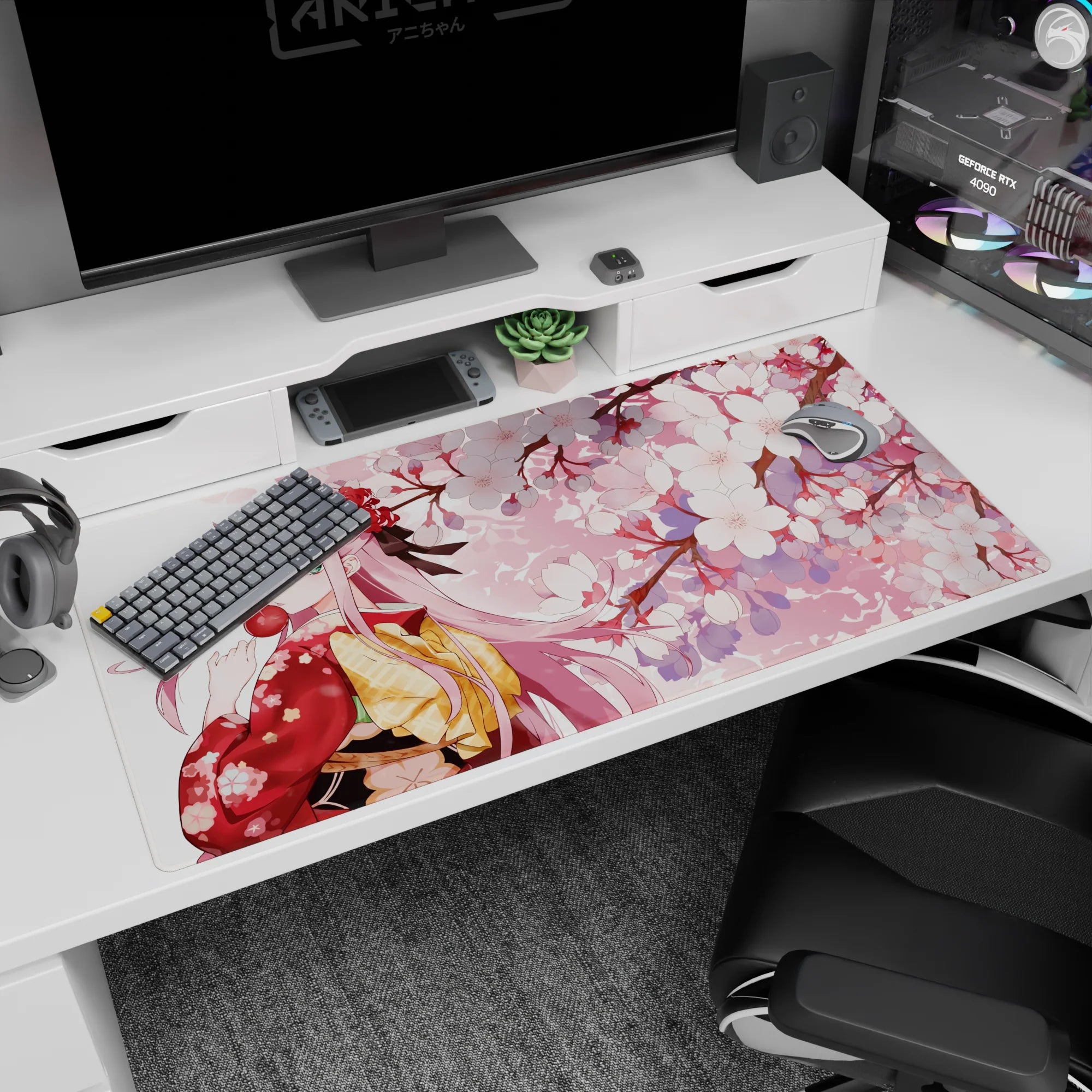 Large 40x20 inches desk pad featuring Zero Two from Darling in the Franxx, capturing her elegance in a kimono under a cherry blossom tree.