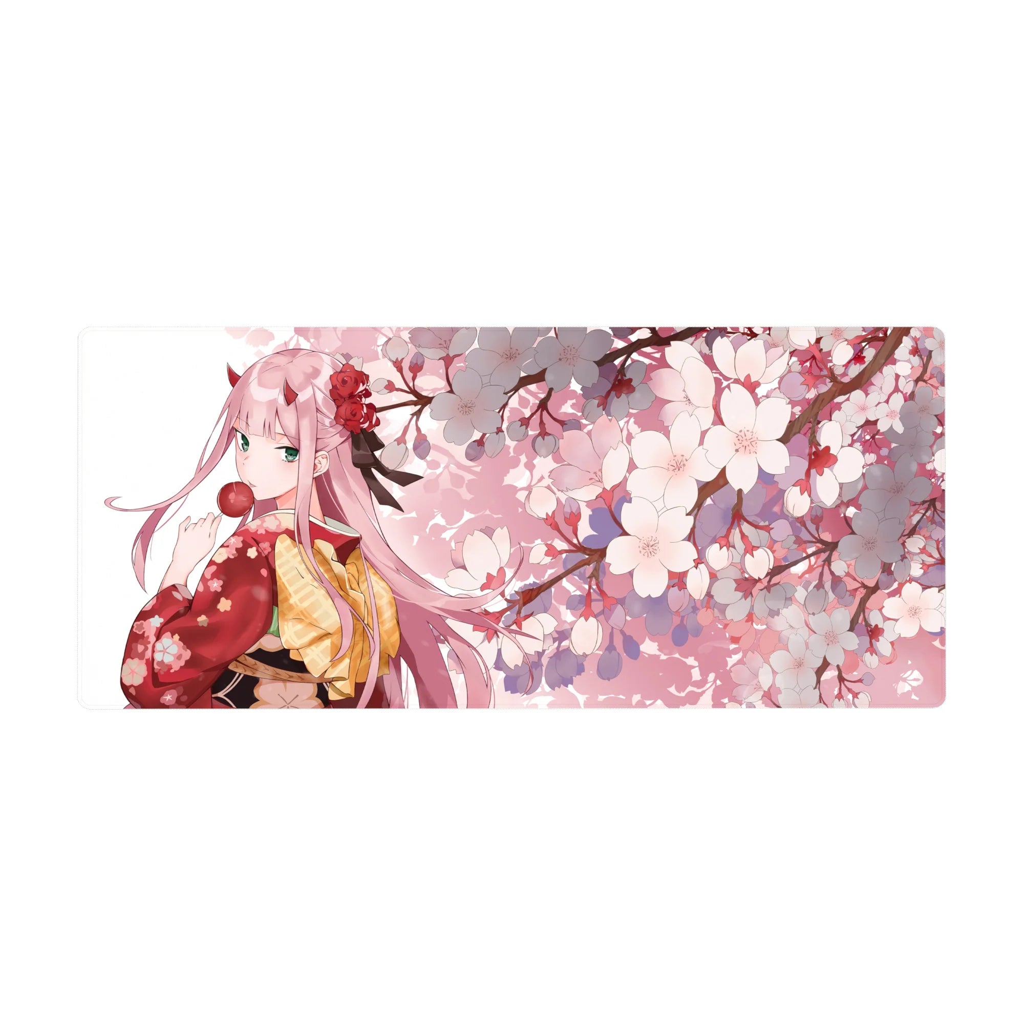 Desk pad featuring Zero Two from Darling in the Franxx, 36x16 inches, with a serene cherry blossom scene and soft pink sakura hues.