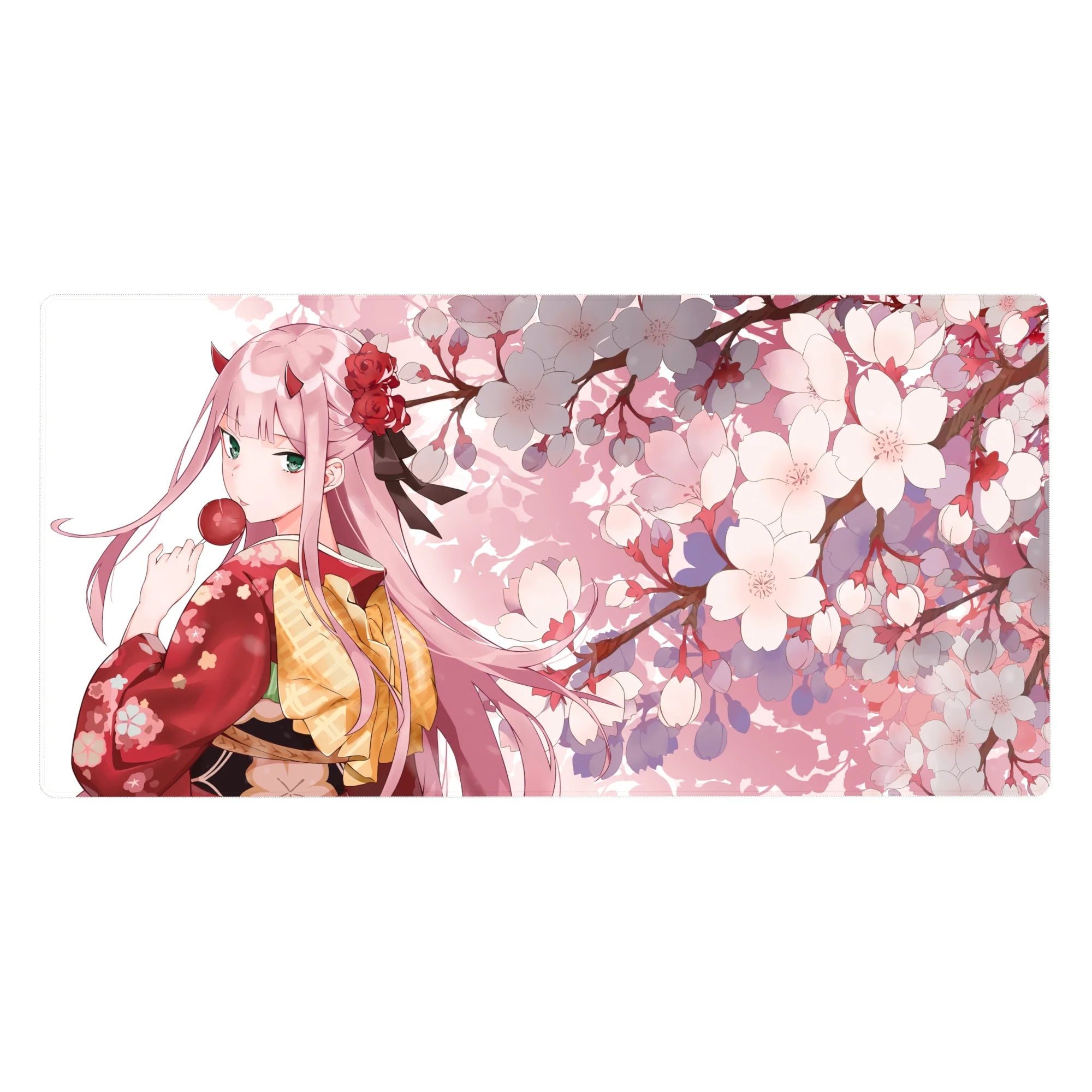 Desk pad featuring Zero Two from Darling in the Franxx, 40x20 inches, in a traditional kimono under a cherry blossom tree with soft pink hues.